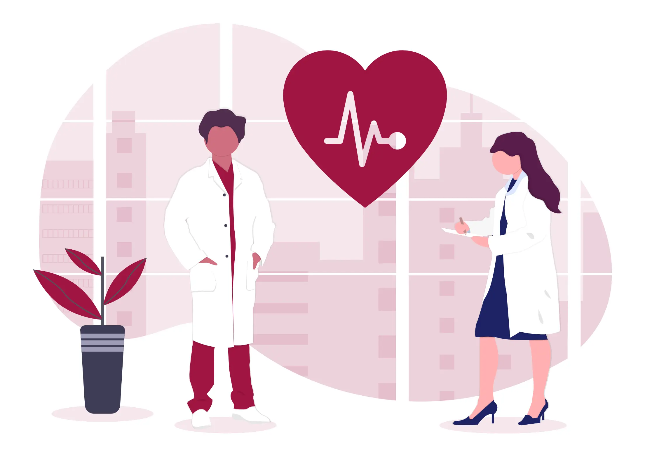 Illustration von zwei Ärzt:innen in weißem Kittel mit einem stilisierten Herz und EKG-Symbol im Hintergrund – symbolisch für den Fokus auf Gesundheitswesen und medizinische Fachkompetenz.