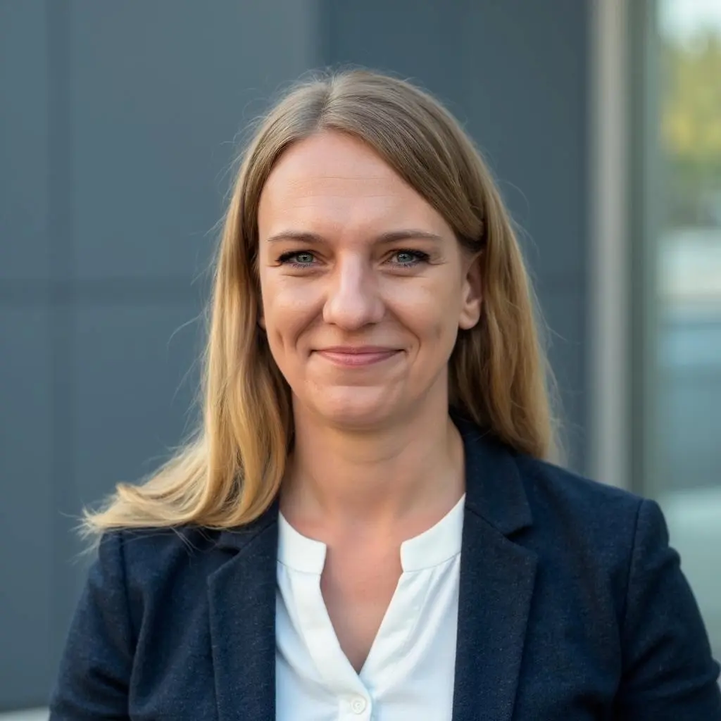 Ein Porträt von Claudia Figura in Anzug und weißem Hemd.